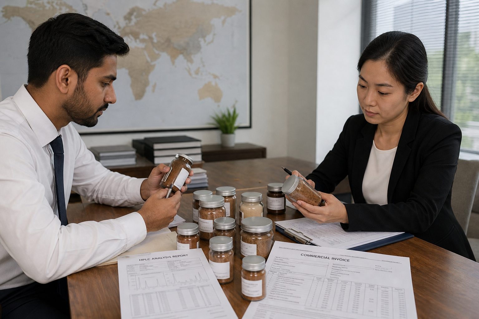 Export desk reviewing sealed Indian herbal extract sample jars with trade documents and HPLC COA paperwork
