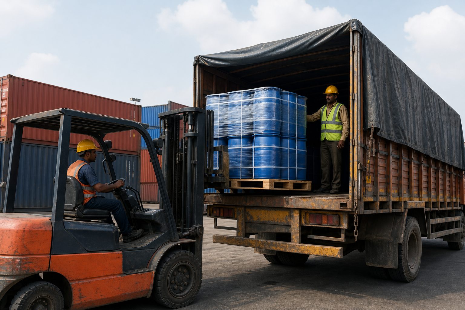Forklift loading palletized herbal extract drums onto an export truck at an Indian container freight station
