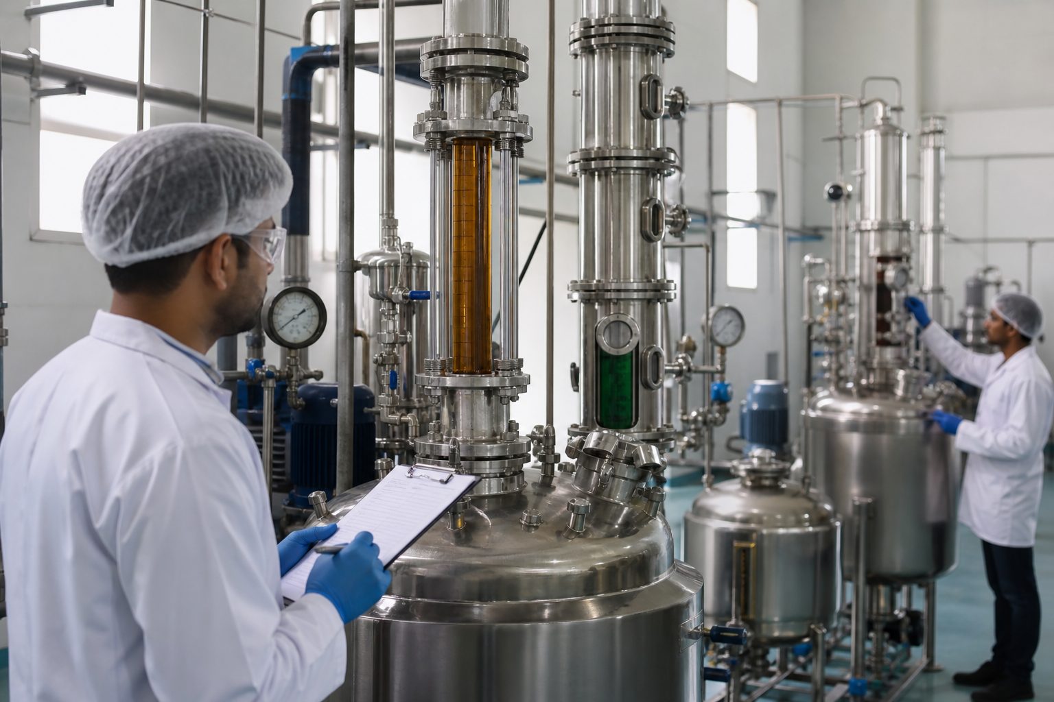 Operators monitoring stainless botanical extraction vessels in a WHO-GMP style Indian herbal extract manufacturing plant