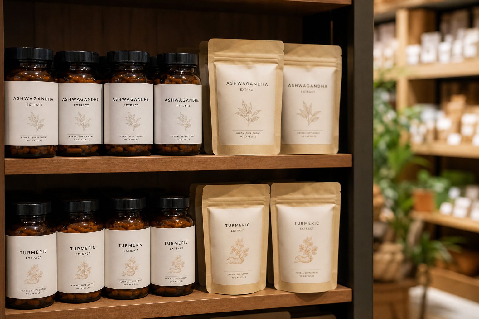Private-label amber bottles and pouches of herbal extract supplements displayed on a specialty wellness store shelf