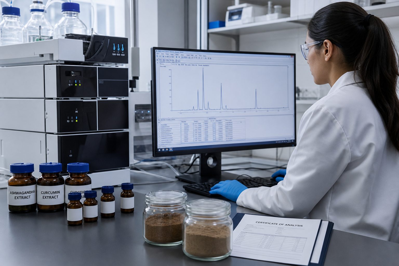 Laboratory analyst running HPLC tests on ashwagandha and curcumin herbal extract samples for an export Certificate of Analysis