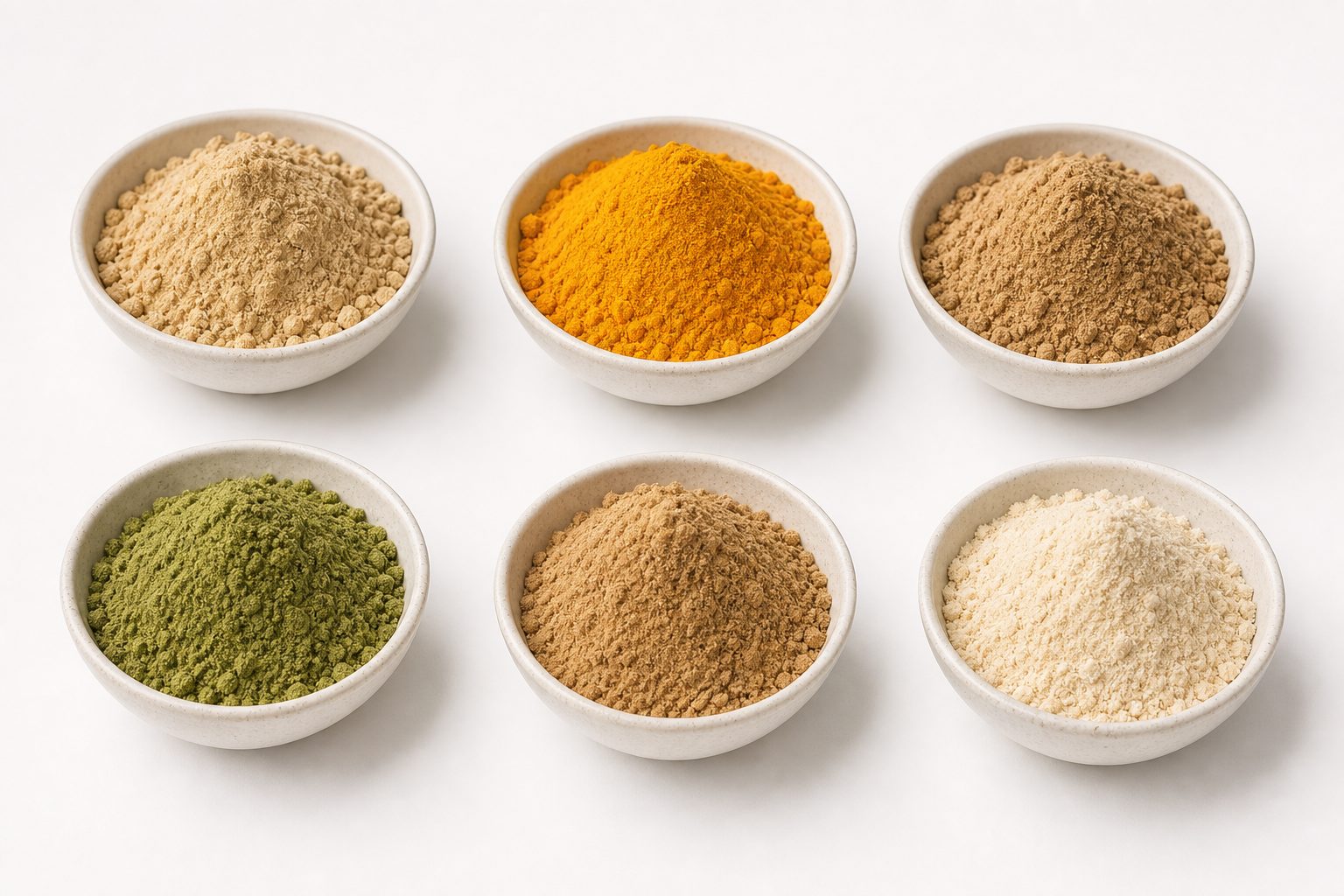 Side-by-side bowls of ashwagandha, curcumin, boswellia, bacopa, amla, and shatavari herbal extract powders for export SKU comparison
