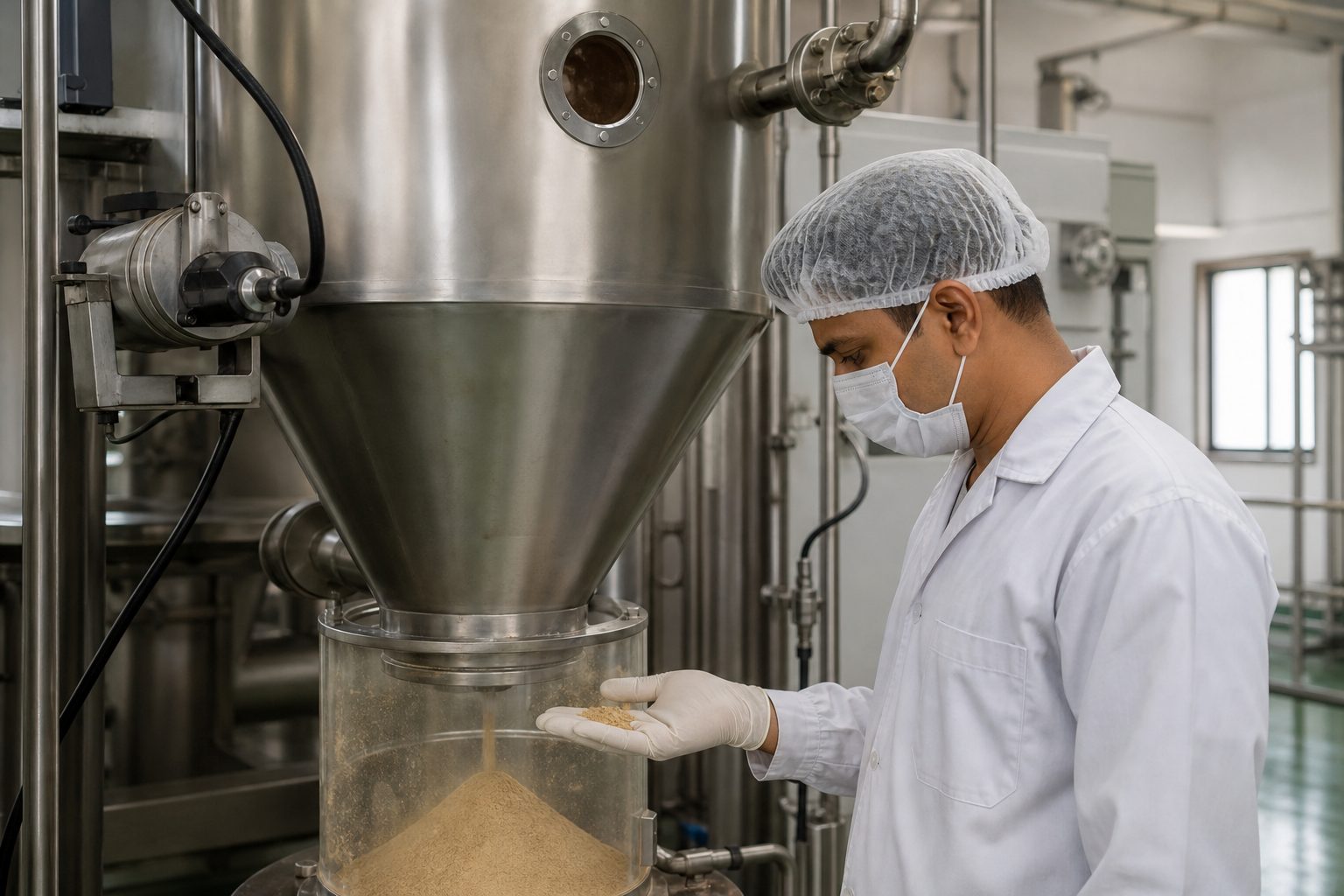Technician supervising a stainless spray dryer converting herbal extract concentrate into free-flowing botanical powder