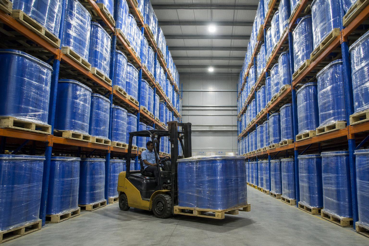 Palletized blue HDPE drums of Indian herbal extracts stored in a dry food-grade export warehouse