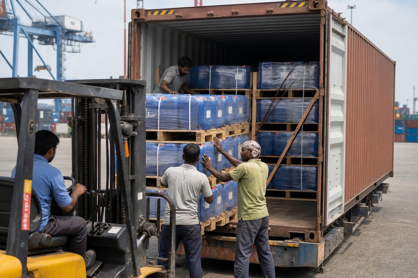 Workers stuffing palletized herbal oil drums into a shipping container for FCL export from India