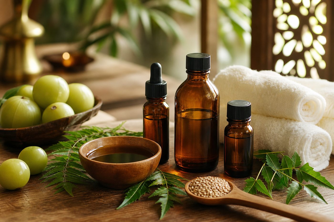Amber bottles of Indian herbal and Ayurvedic oils arranged for massage, hair care, and wellness end-use applications