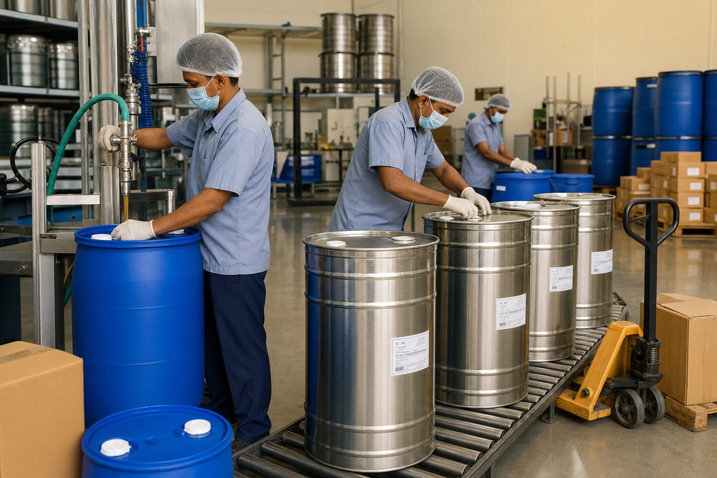 Workers filling and sealing HDPE and food-grade steel drums with Indian herbal oils on an export packaging line