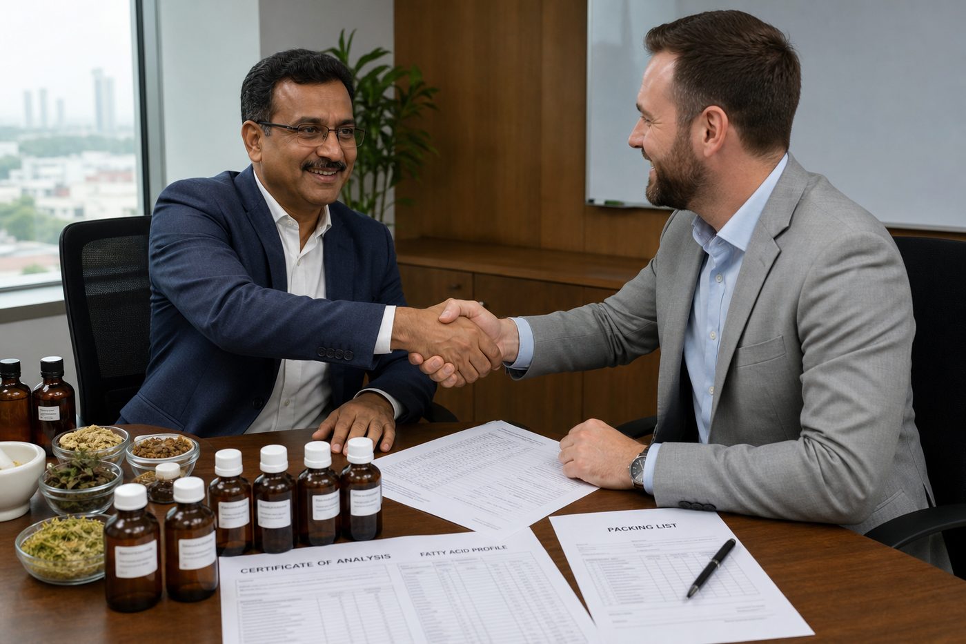 International buyer and Indian exporter reviewing sealed herbal oil sample bottles with COA and shipping documents