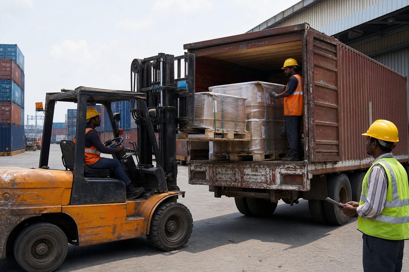 Forklift loading palletized herbal oil drums onto an export truck at an Indian container freight station