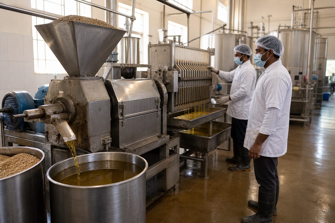 Operators monitoring a stainless-steel cold-press screw press extracting herbal seed oil in an Indian manufacturing plant