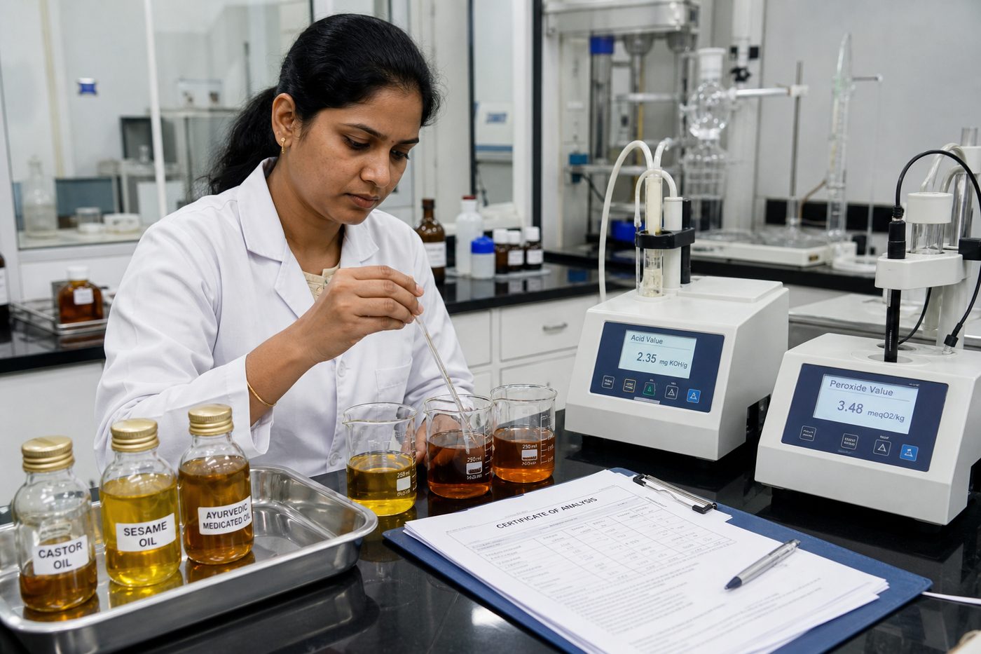 Laboratory analyst testing amber herbal oil samples for fatty acid profile, acid value, and peroxide value before export release