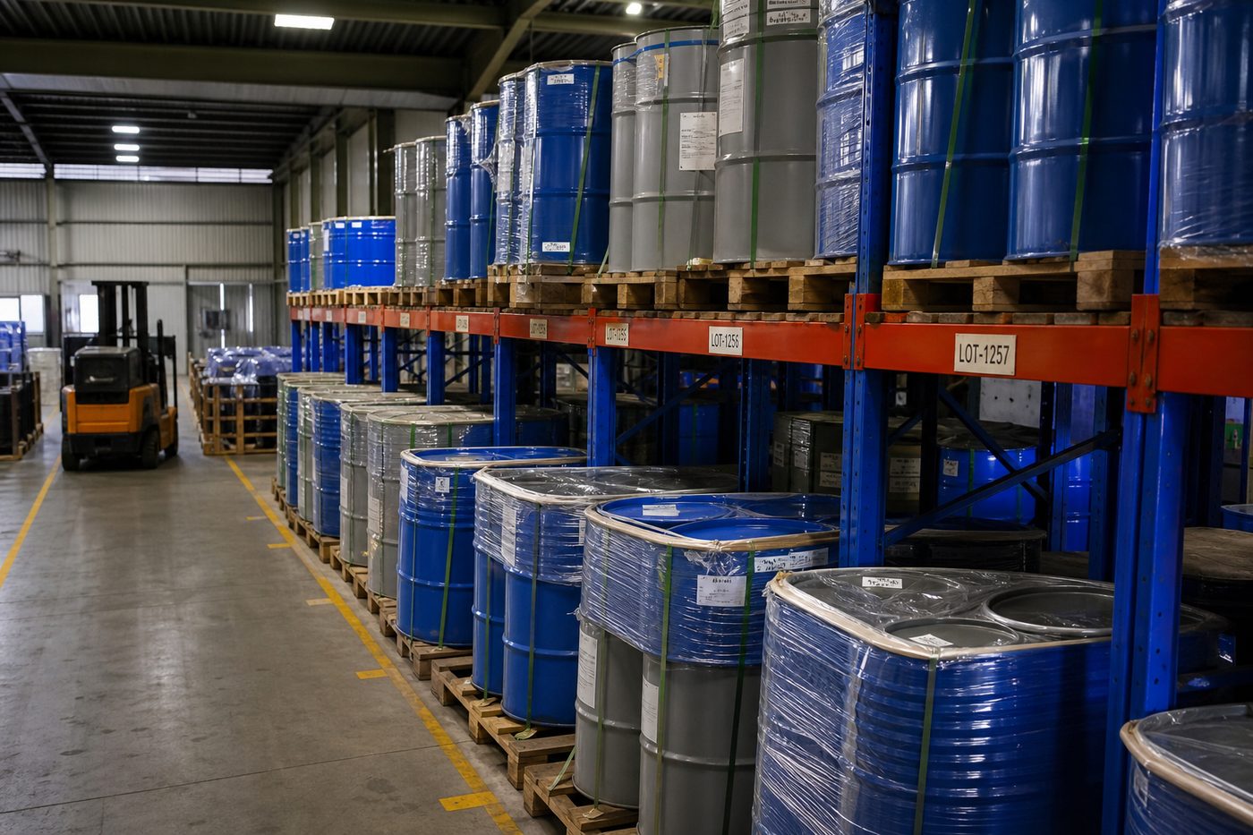 Palletized sealed herbal oil drums staged in neat lanes inside an organized Indian export warehouse