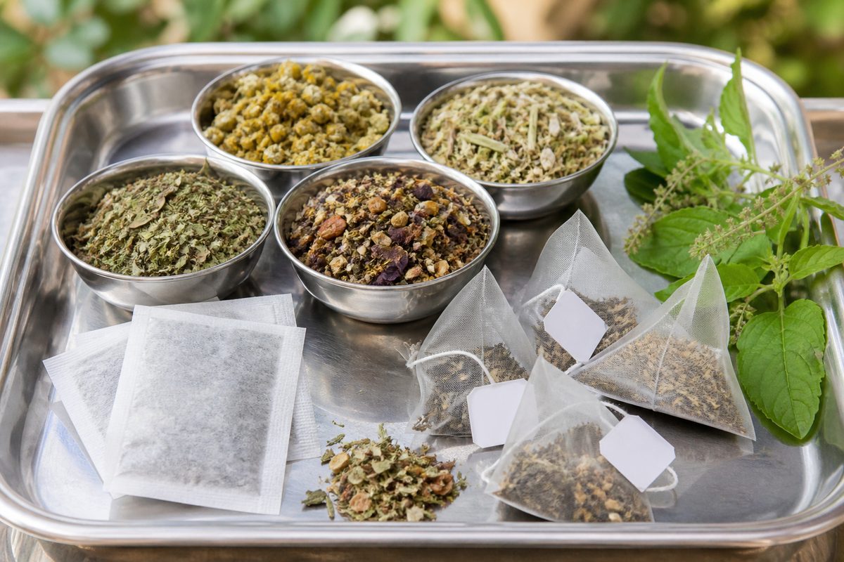 Indian herbal and Ayurvedic tea export range with loose cut tulsi blend, paper filter bags and biodegradable pyramid bags on an inspection tray