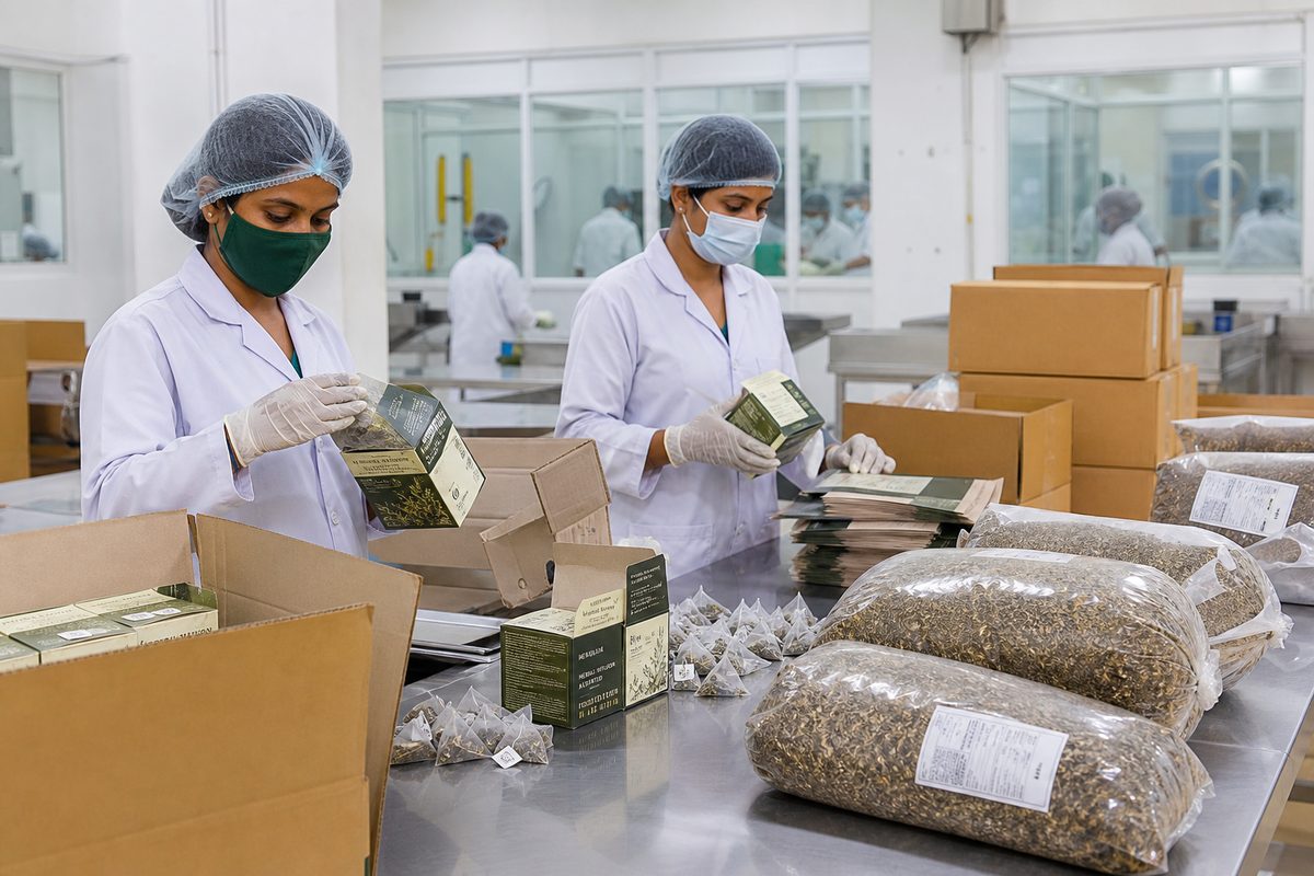 Workers packing Indian herbal tea retail cartons and sealing 20–25 kg barrier bags into master export cartons
