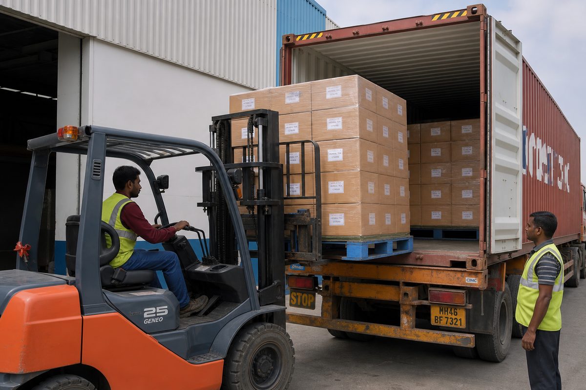 Forklift loading palletized Indian herbal tea master cartons onto a truck for Nhava Sheva or Mundra export haul