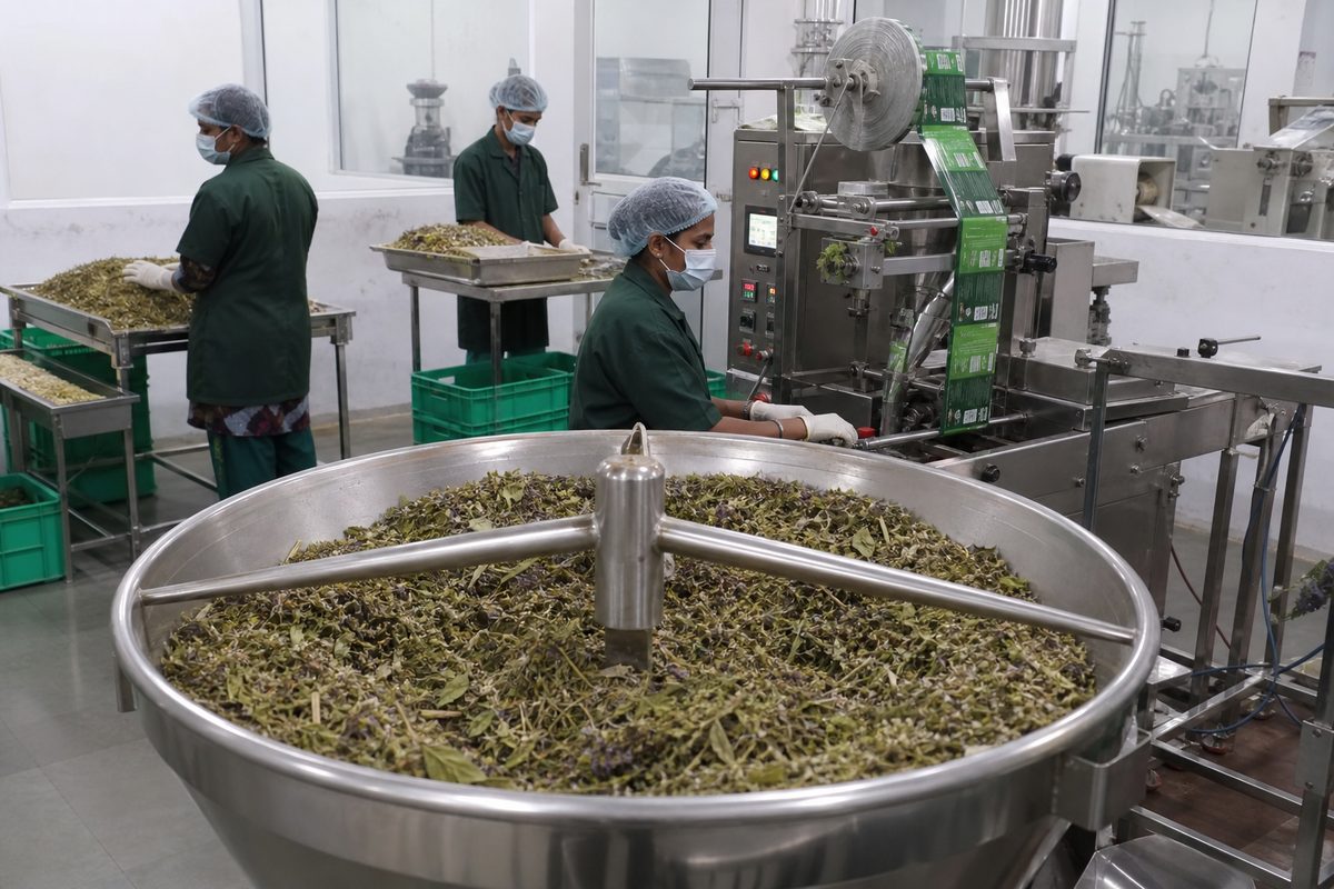 Operators blending dried Ayurvedic herbs and running a tea-bag filling line in a hygienic Indian FSSAI-style herbal tea plant