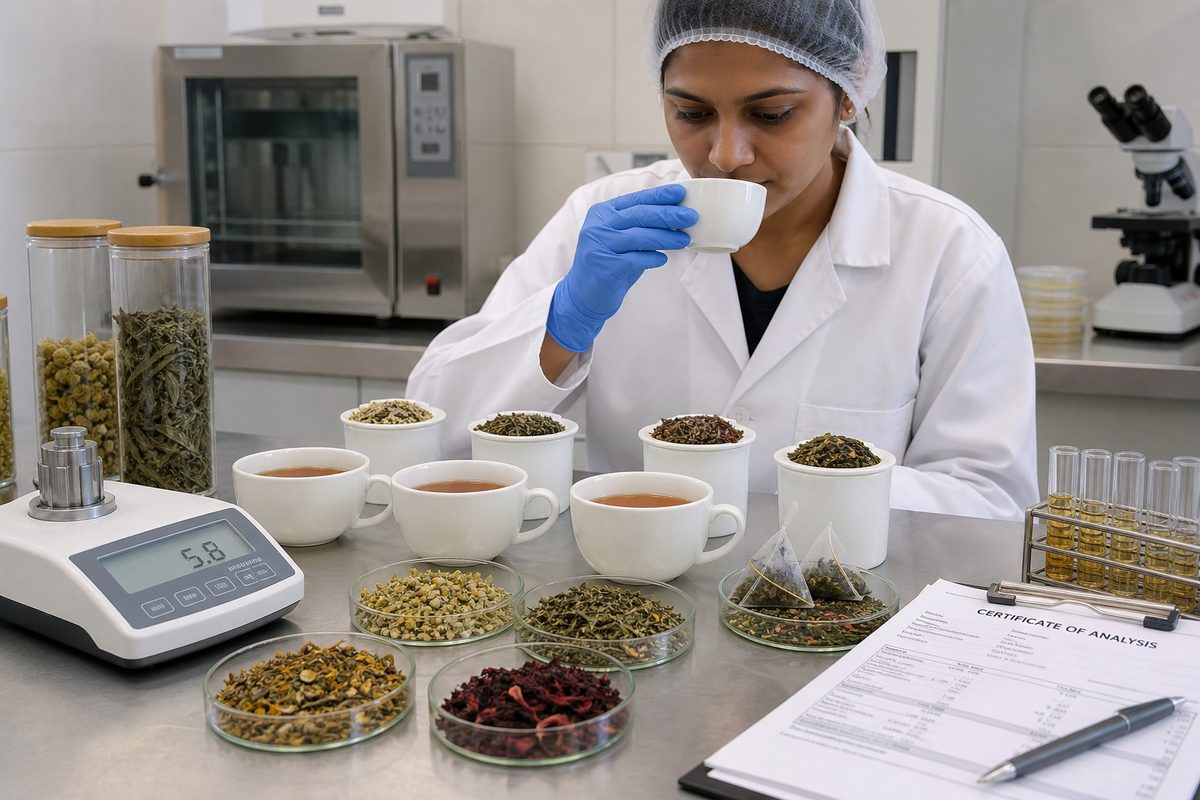 Lab technician cupping Indian herbal tea samples beside COA paperwork, moisture meter and microbiology plates for export release