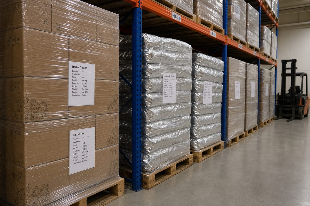 Stretch-wrapped pallets of Indian herbal tea retail cartons and barrier bags staged on dry export warehouse racks