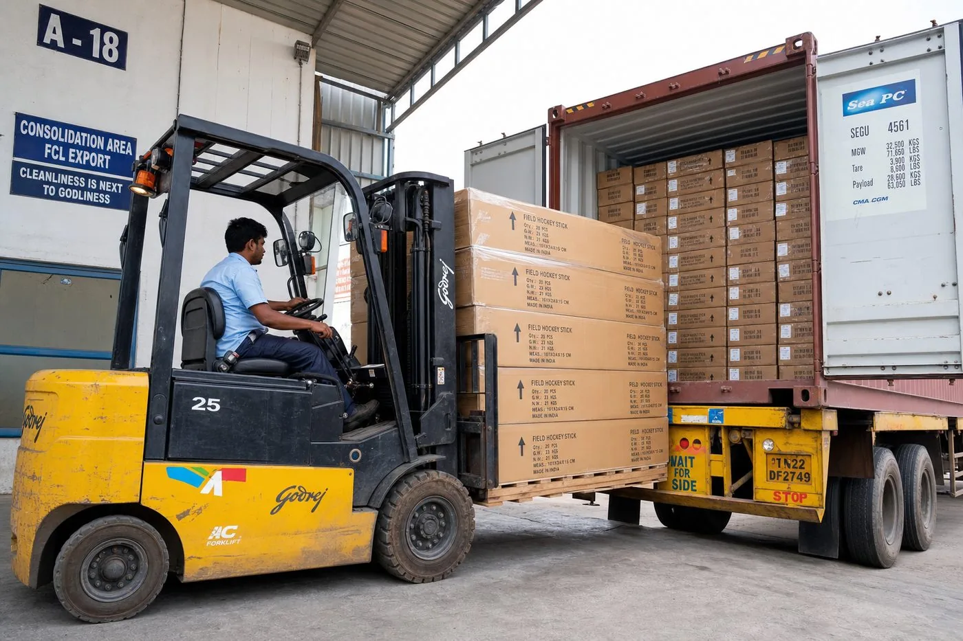 Forklift stuffing palletized long cartons of Indian hockey sticks into a shipping container for FCL export