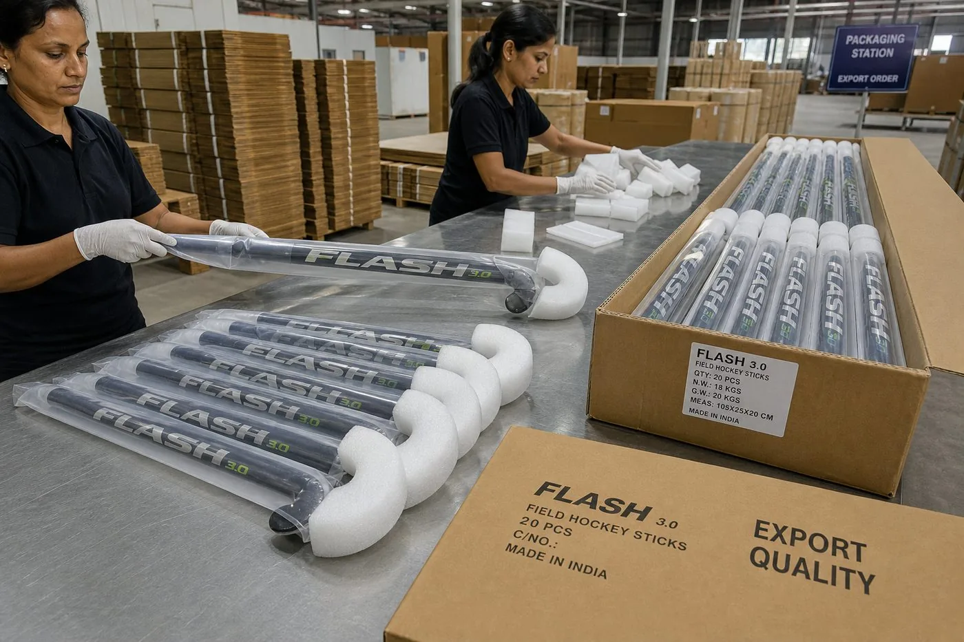 Workers packing Indian hockey sticks into sleeves with foam head guards and long corrugated master cartons for export