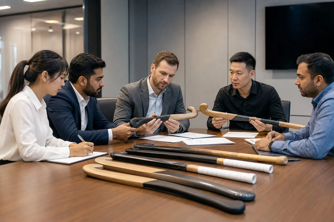 International buyers reviewing Indian hockey stick samples and export specification sheets with a sourcing partner