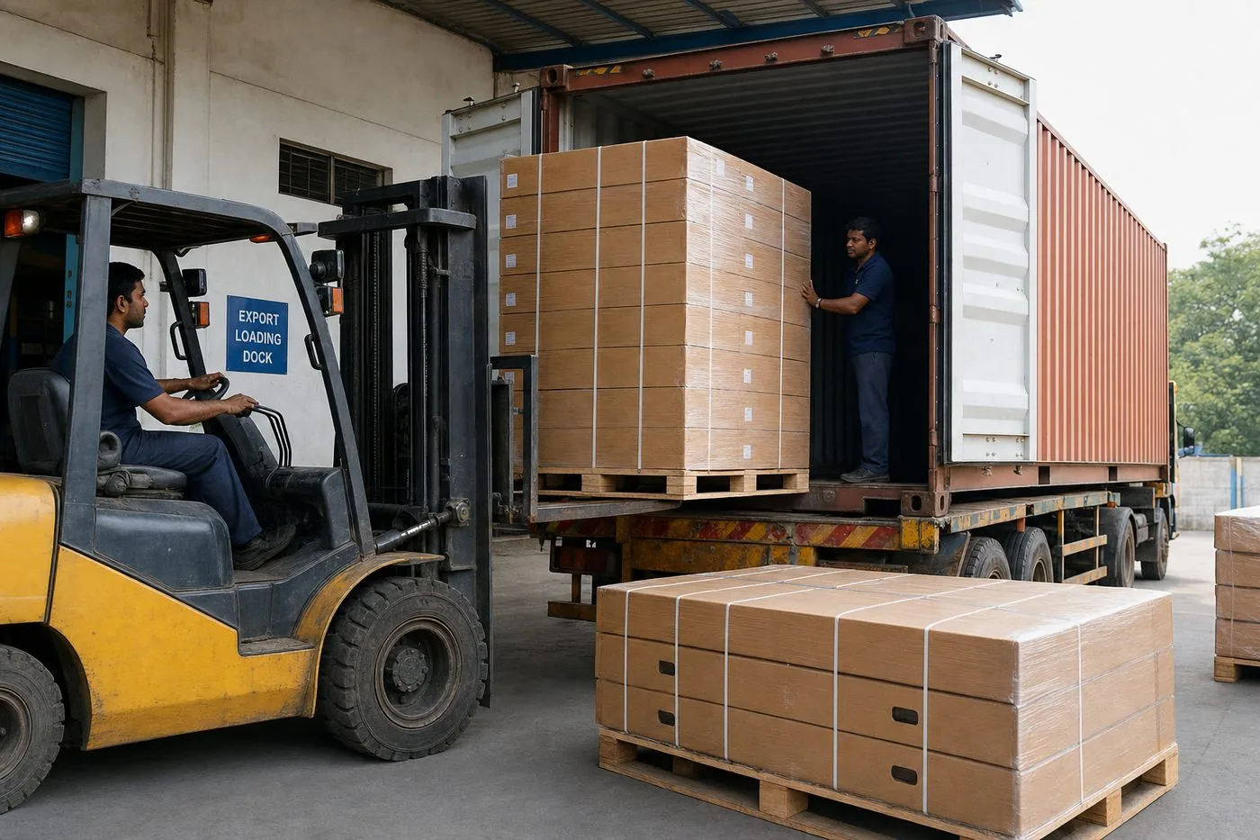 Workers loading palletized long cartons of Indian hockey sticks onto a truck at an export warehouse dock