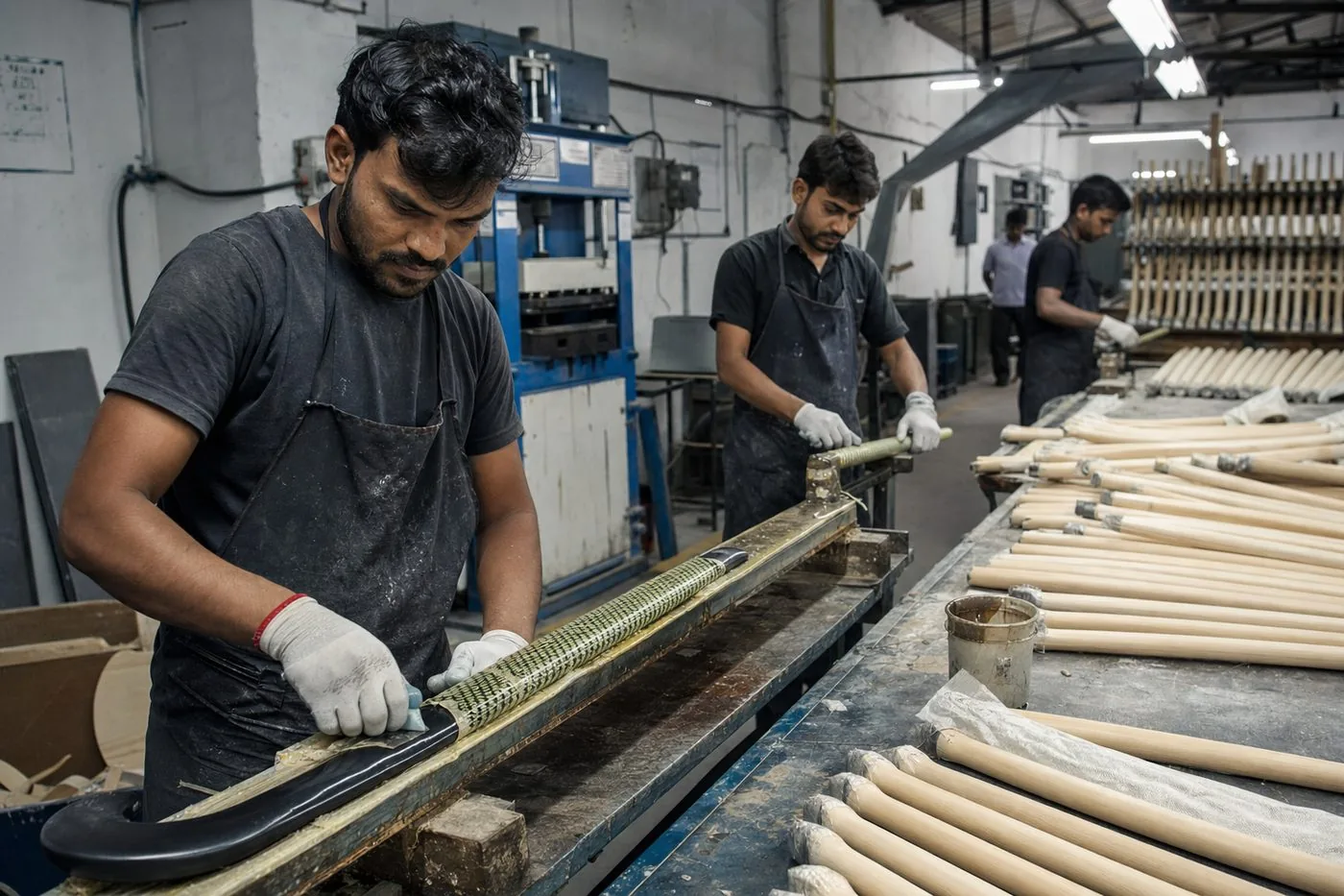 Workers shaping and laminating hockey stick shafts on workbenches in a Jalandhar sports goods factory
