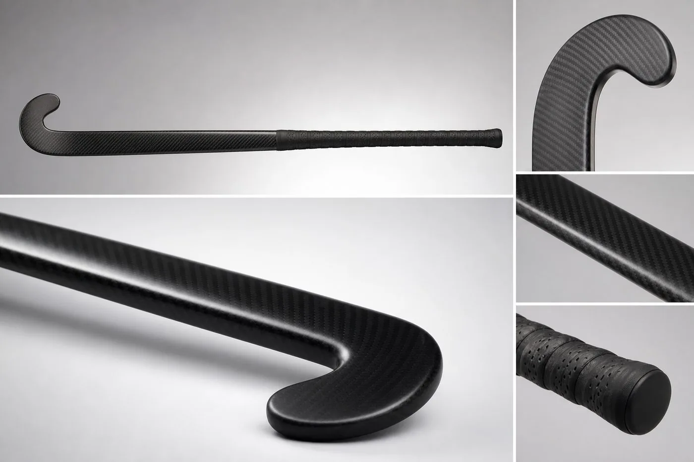 Close-up of a carbon composite field hockey stick showing bow profile, head shape, and grip finish
