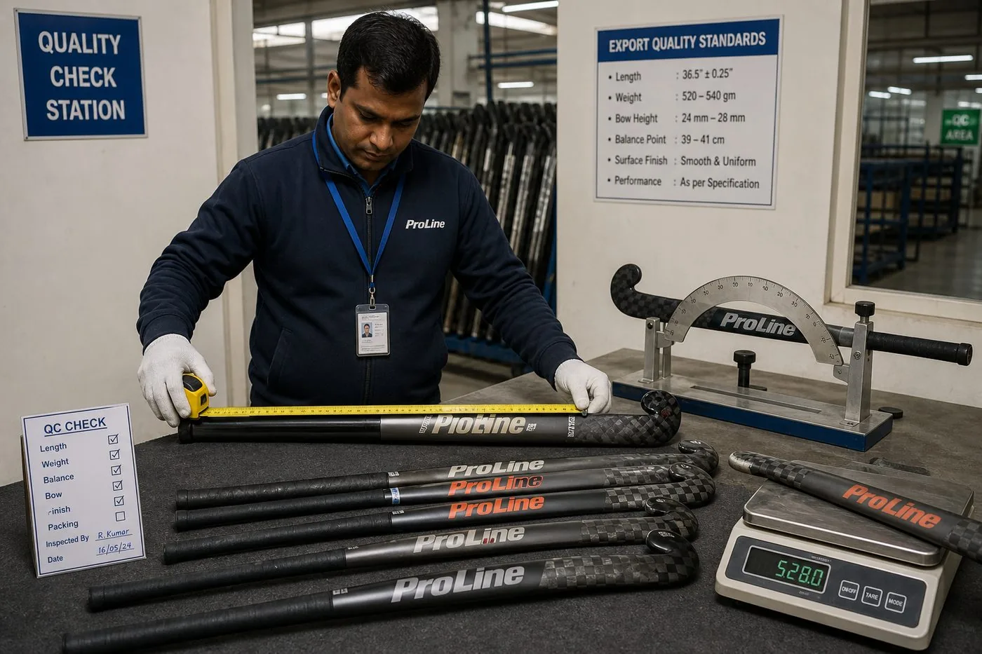 Quality inspector measuring hockey stick length, bow profile, weight, and balance on export QC samples
