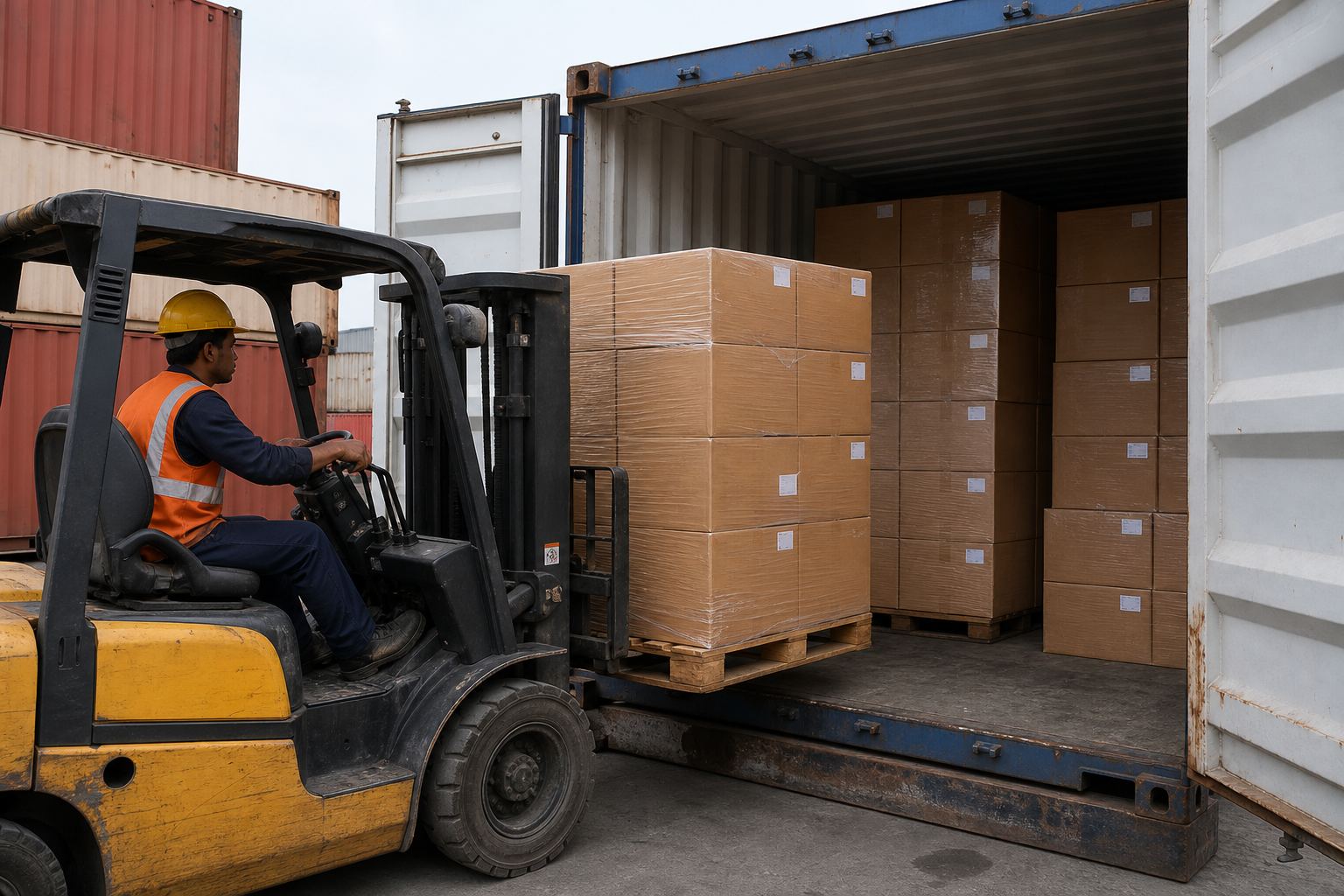 Forklift stuffing palletized cartons of Indian home décor and gift articles into a shipping container for FCL export