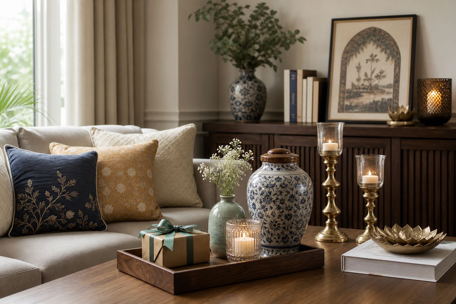 Indian ceramic vases, glass candle décor, brass candle holders, decorative cushions, and gift-boxed accents styled in a modern home interior