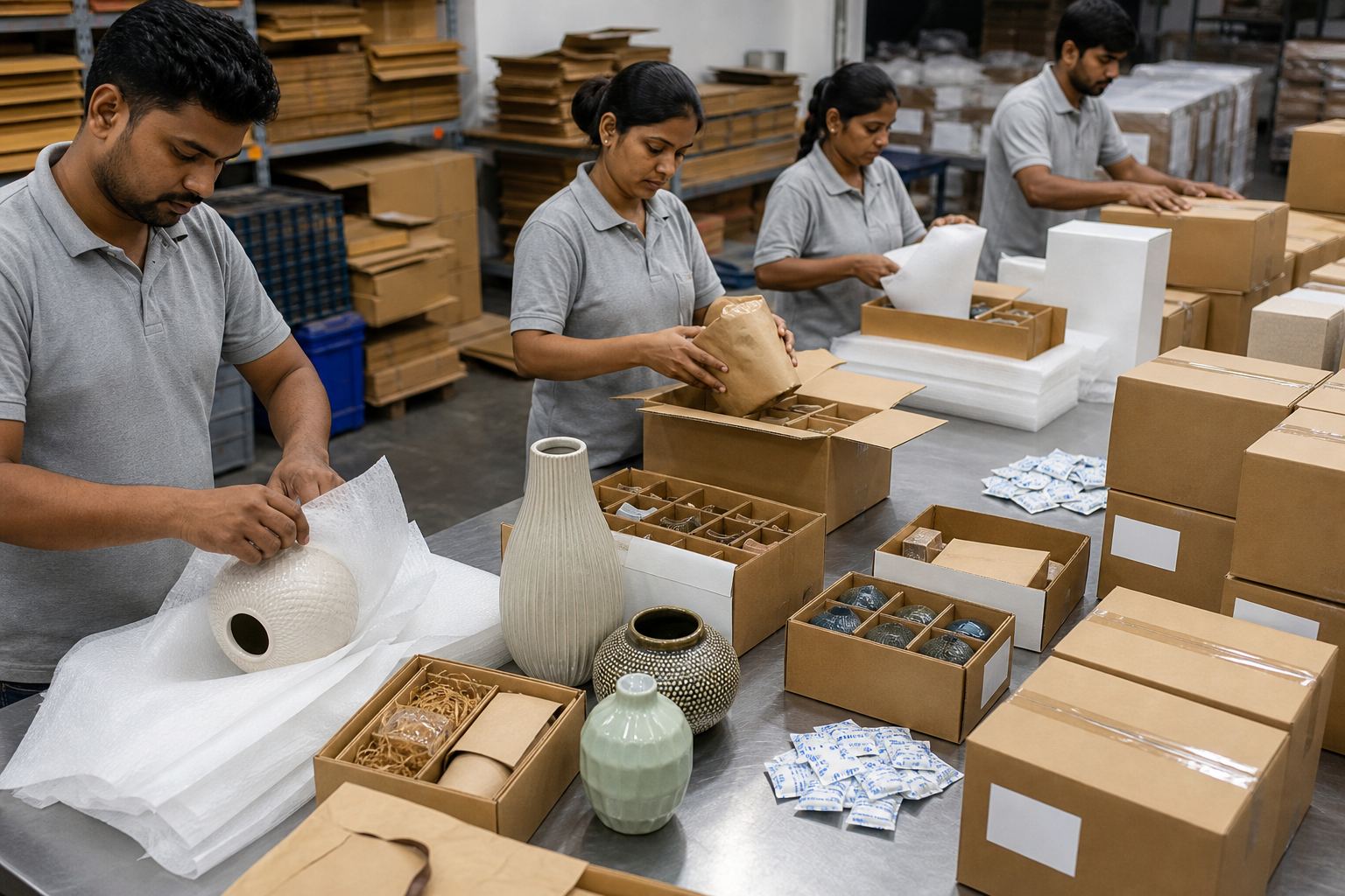 Workers wrapping ceramic vases and glass gift décor in foam and kraft paper with carton dividers and desiccants for export packing