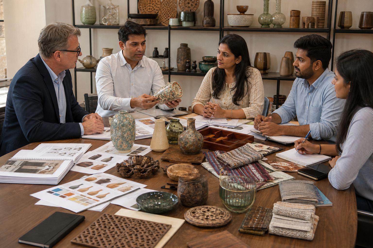 International buyer reviewing Indian home décor and gift samples and export documents with a merchant exporter