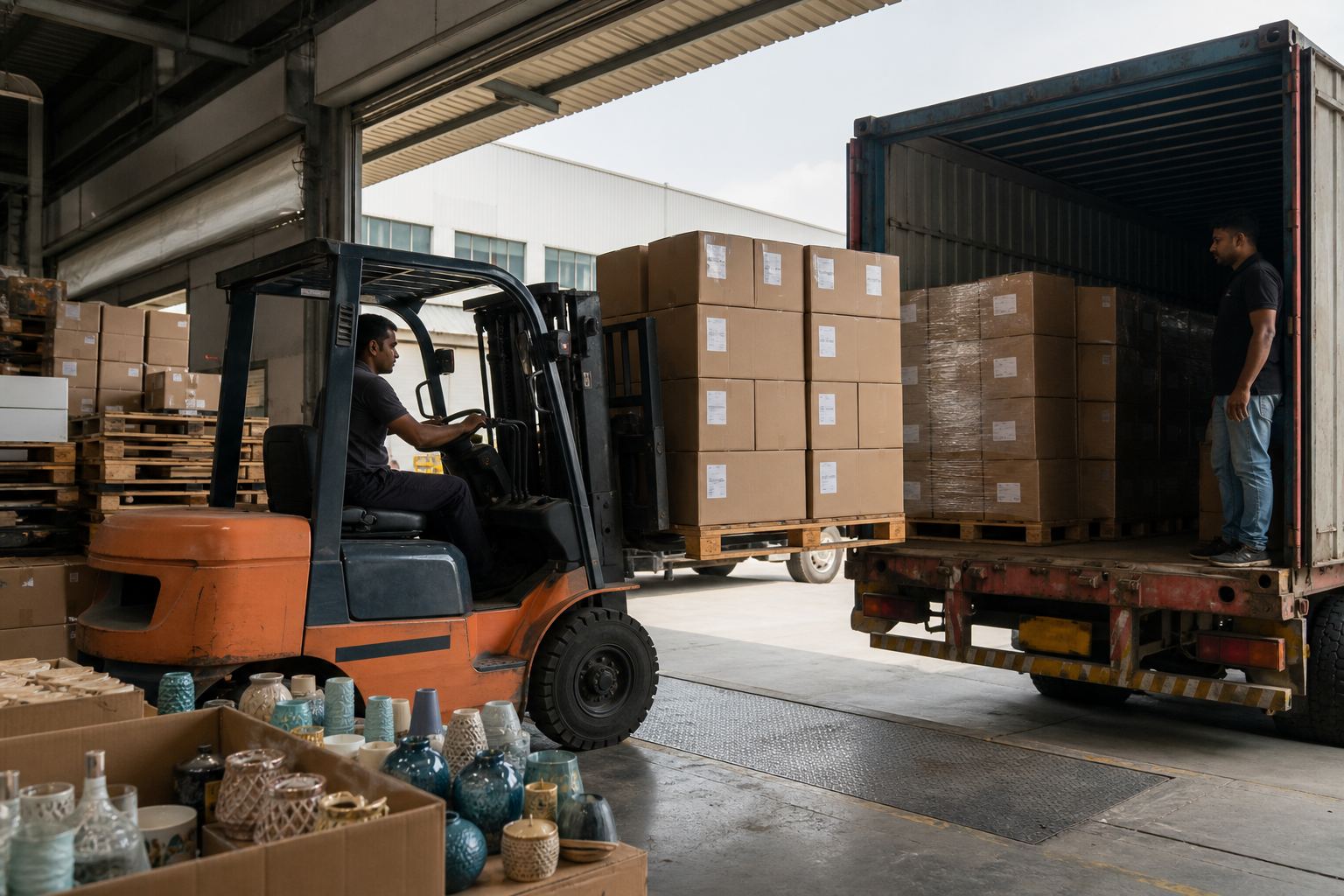 Forklift loading palletized cartons of Indian home décor and gift articles onto a freight truck at an export warehouse dock