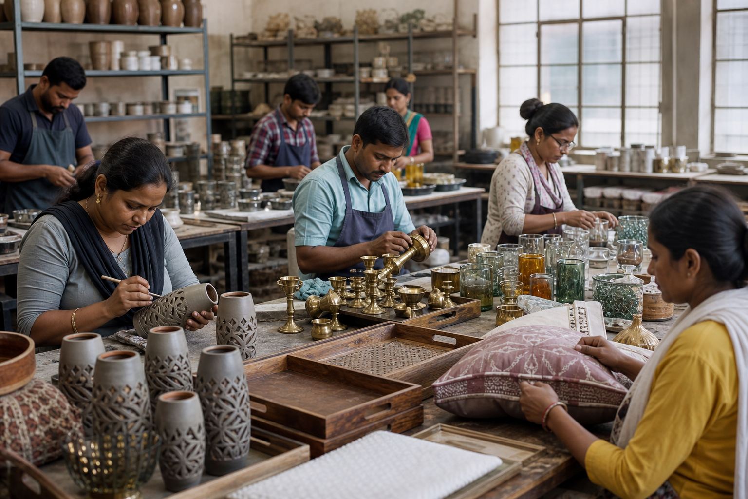 Indian artisans manufacturing ceramic vases, brass candle holders, wooden trays, glassware, and textile cushion covers for home décor and gift export