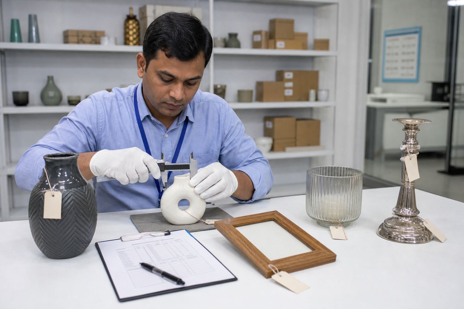 Quality inspector checking ceramic décor, glass giftware, wooden frames, and metal candle stands before home décor export release