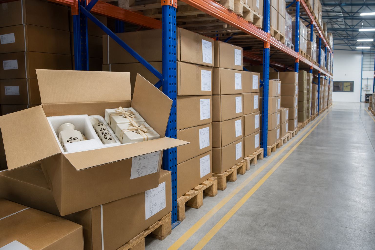Palletized cartons of Indian home décor and gift articles staged in a dry export warehouse with an open sample carton