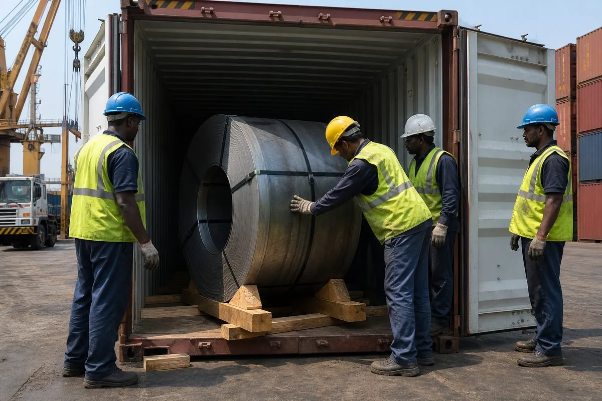 Workers stuffing hot rolled coils on wooden saddles into a shipping container for FCL steel export from India