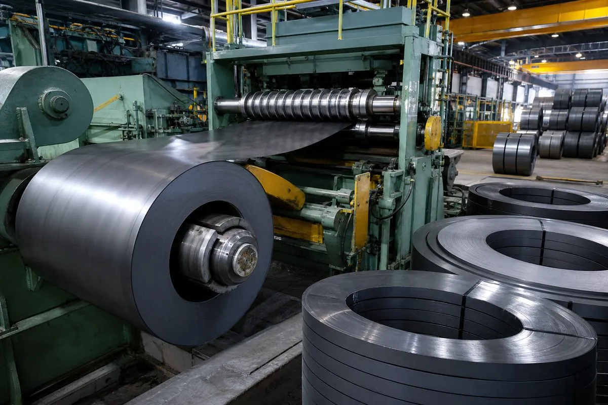 Slitting line at an international service centre processing a hot rolled coil into narrower strips for downstream fabrication