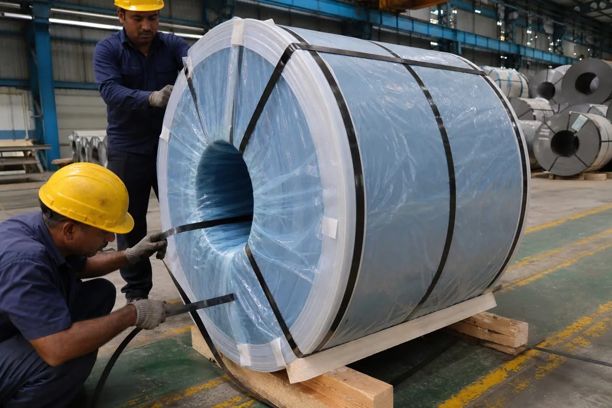 Workers strapping hot rolled coils with steel bands, edge protectors, and VCI wrap on wooden saddles for ocean-freight export