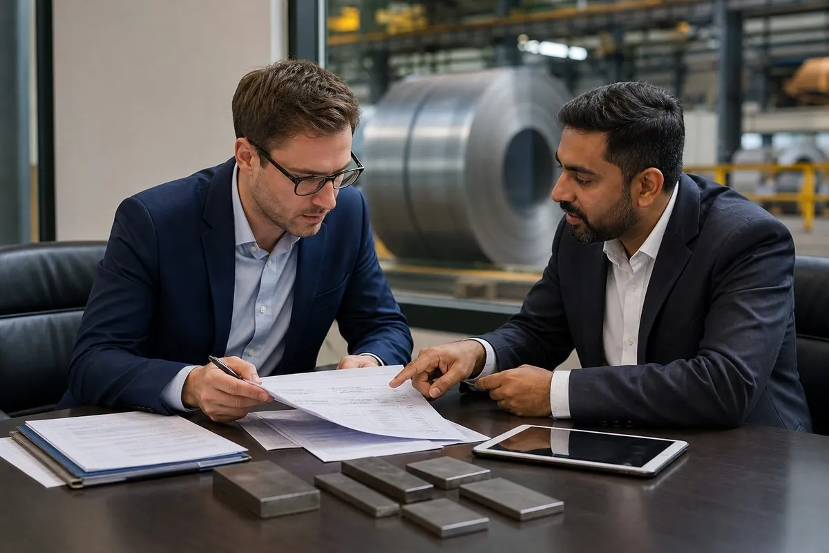 International buyer and Indian merchant exporter reviewing mill test certificates with hot rolled coil samples for HS 7208 trade