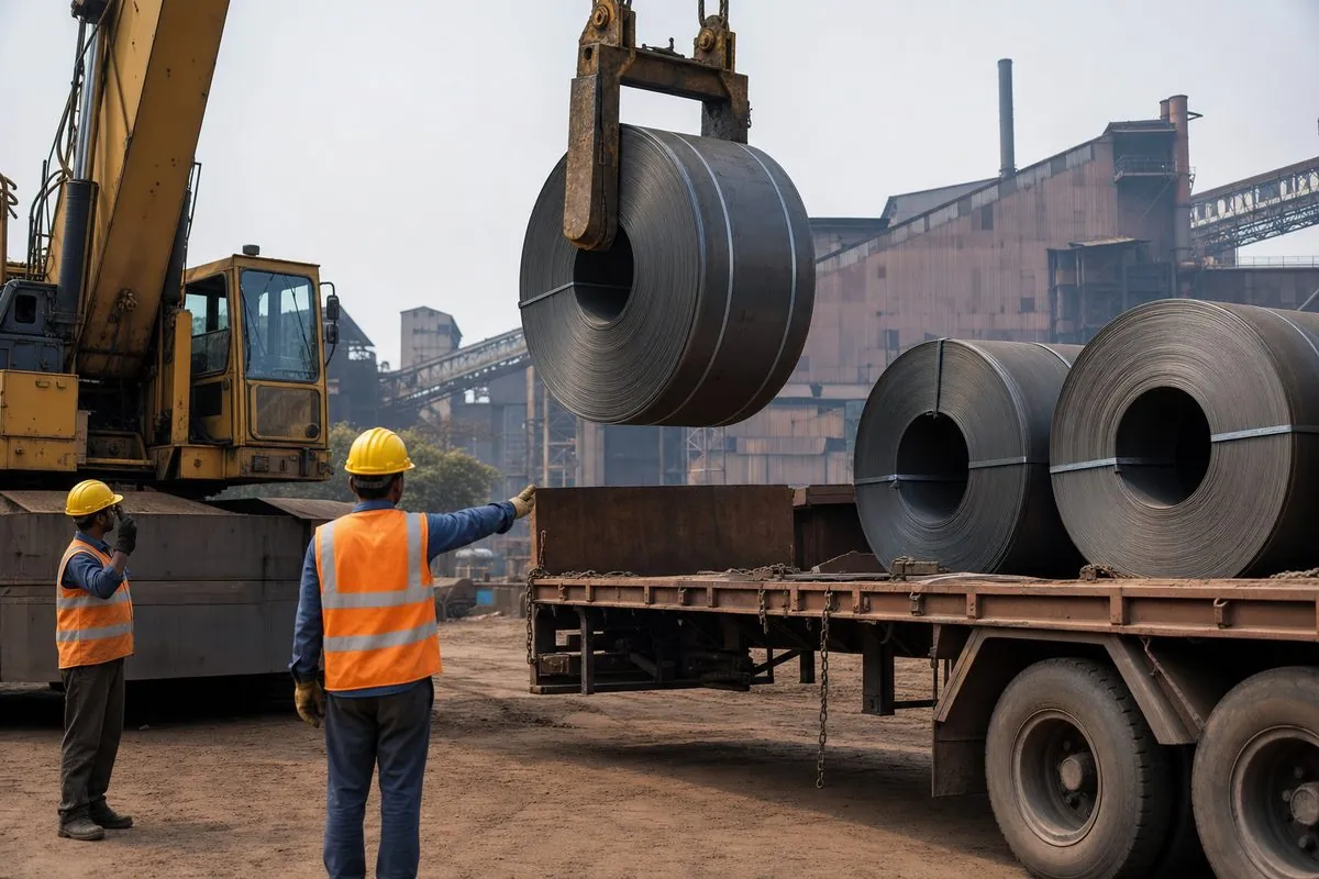 Crane loading a hot rolled coil onto a flatbed trailer for inland haul from an Indian mill to an export port