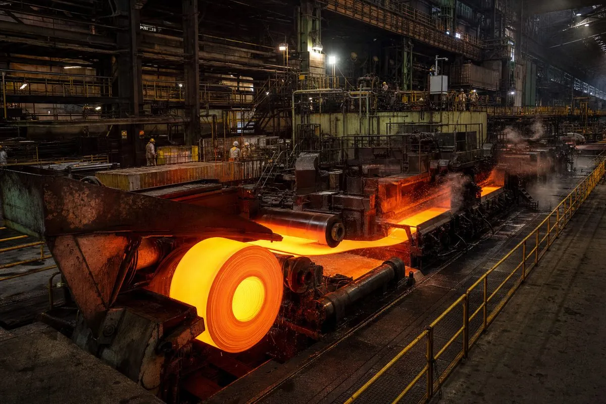 Red-hot steel strip running through a finishing stand on an Indian hot strip mill before down-coiling into a hot rolled coil