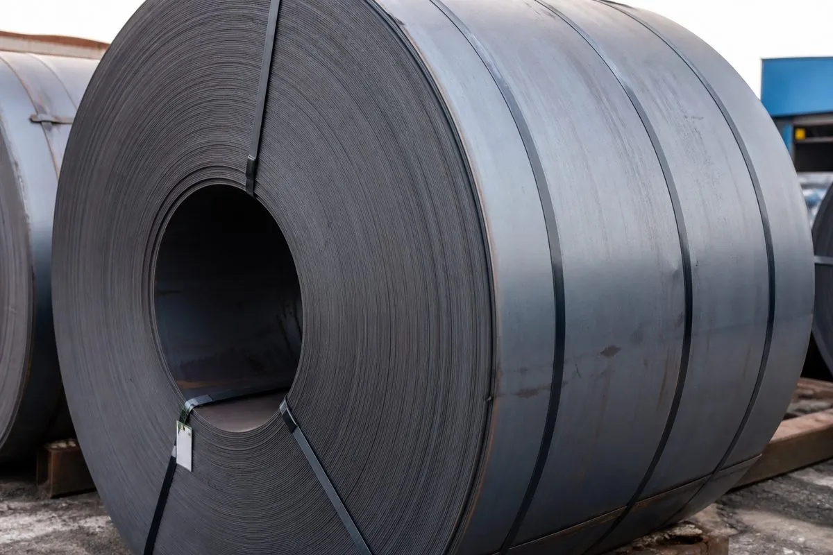Close-up of an Indian hot rolled steel coil with visible mill edge, dark oxide surface, and steel strapping ready for export