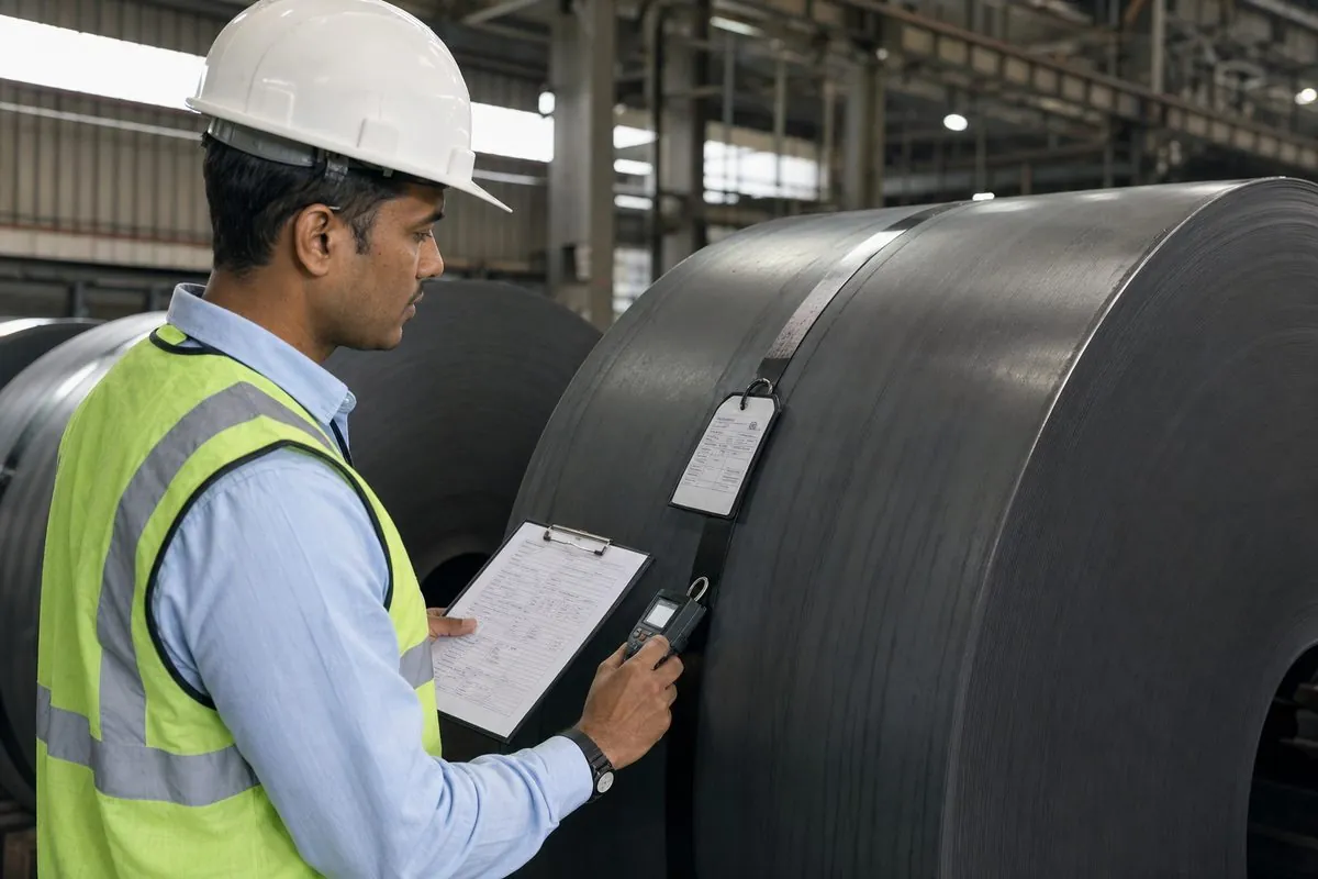 Quality inspector reviewing an EN 10204 mill test certificate beside a hot rolled coil sample with dimensional gauges for HRC export release