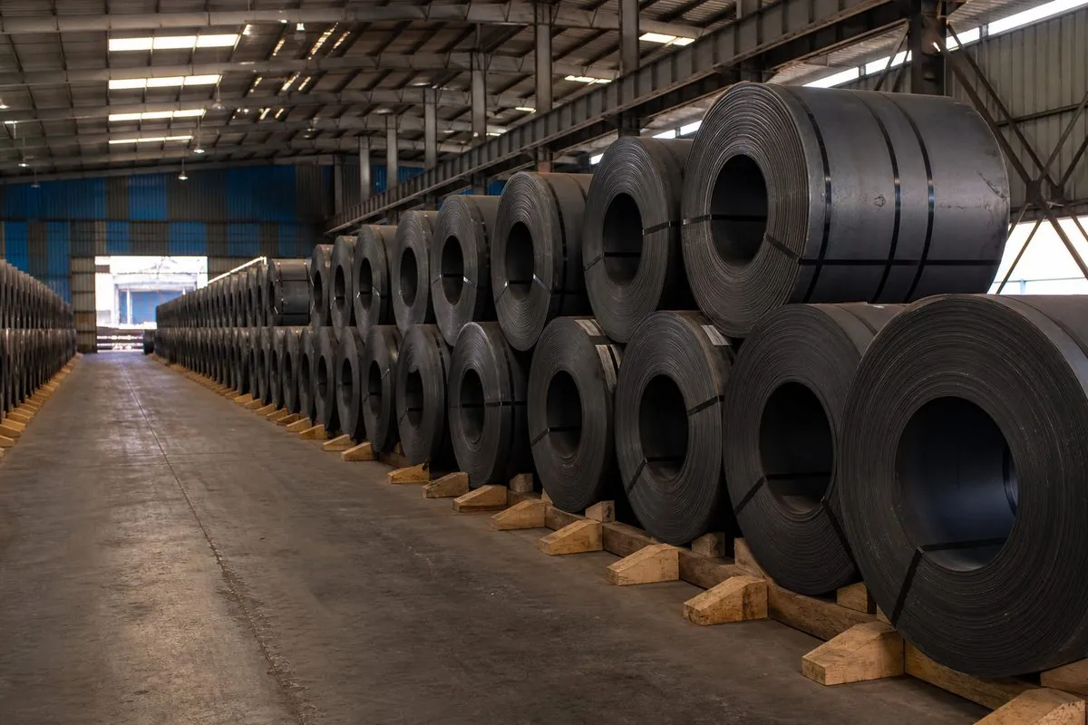 Rows of hot rolled coils stored eye-to-sky in a dry Indian export warehouse aisle before port loading