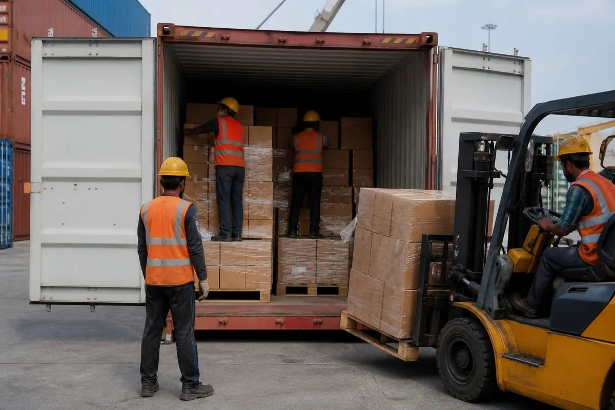 FCL container stuffing of palletized Indian fashion jewellery master cartons at port