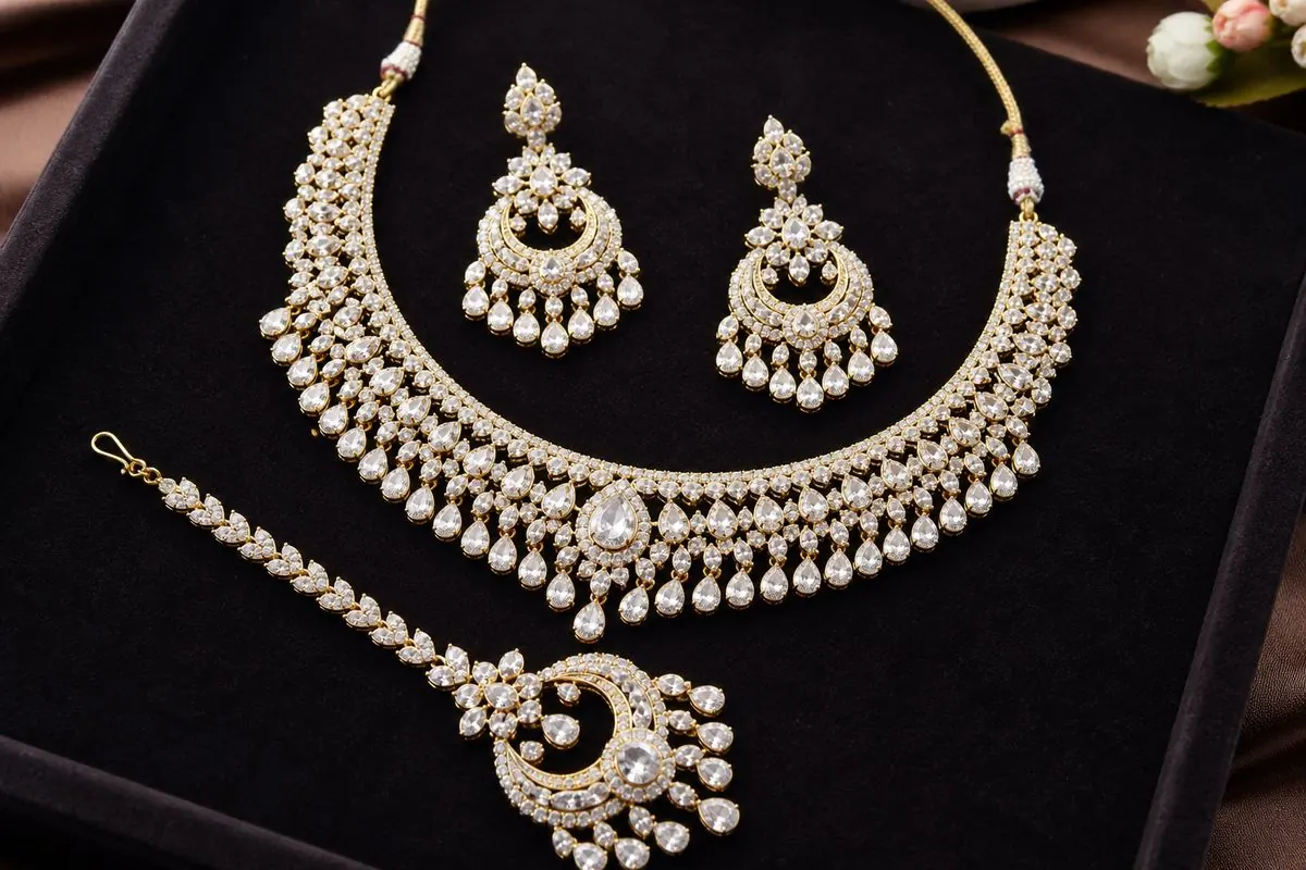 CZ studded bridal fashion jewellery set with necklace earrings and tikka prepared for India export packing