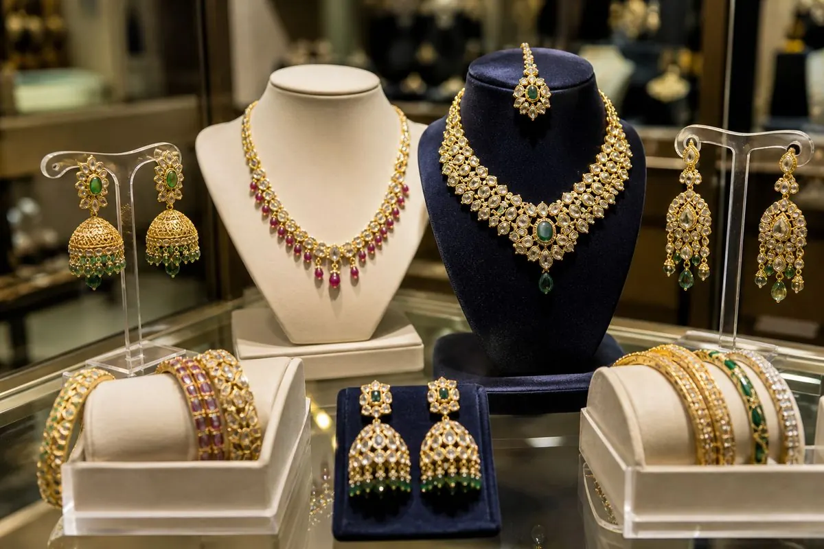 International retail jewellery display of Indian gold-tone fashion earrings necklaces and bangles