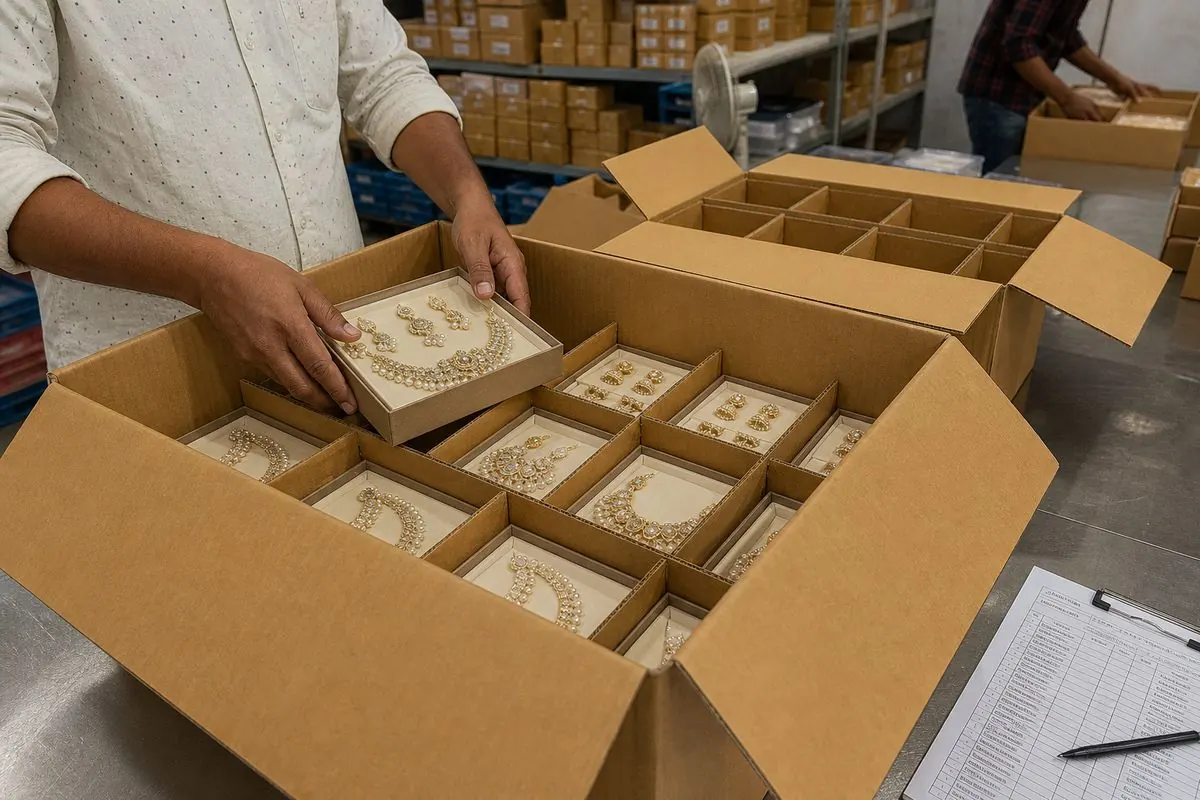 Master cartons with dividers filled with boxed Indian fashion jewellery ready for export